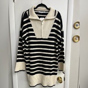 Altar'd State Black Cream Striped V-Neck Sweater/Sweater Dress NWT M